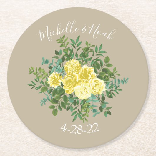 Geel Roos Elegant Wedding Ronde Kartonnen Onderzetter (Voorkant)