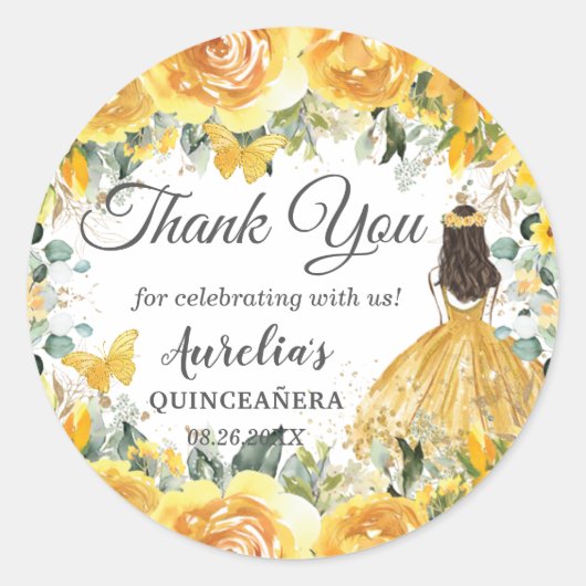 Geel Roos Floral Butterflies Princess Favor Ronde Sticker (Voorkant)