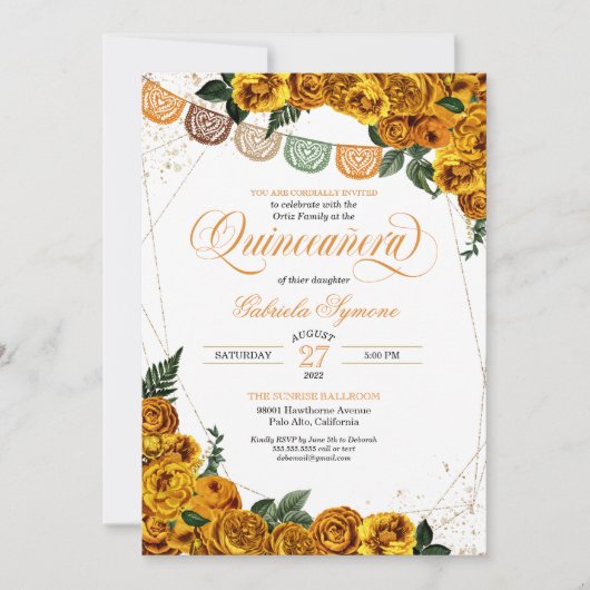 Geel Roos Papel Picado Fiesta Quinceañera Kaart (Voorkant)