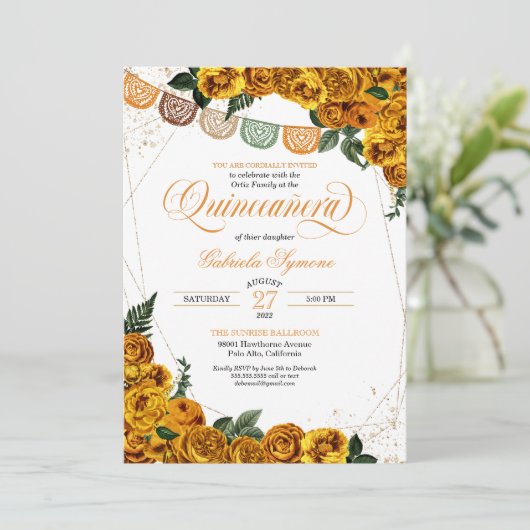 Geel Roos Papel Picado Fiesta Quinceañera Kaart (Staand voorkant)