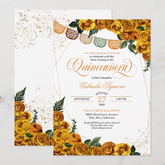 Geel Roos Papel Picado Fiesta Quinceañera Kaart (Voorkant / Achterkant)