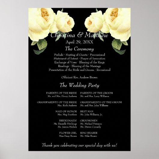Geel Roos zwart vintage trouwceremonieprogramma Poster (Voorkant)