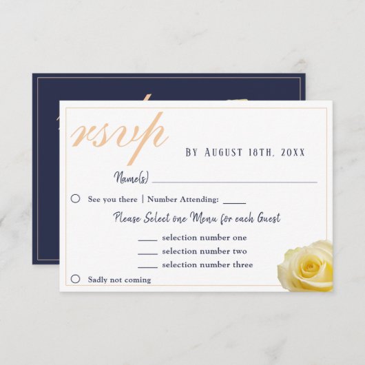 Geel Rose Blauw Bruiloft Menu Keuze RSVP-kaart (Voorkant / Achterkant)