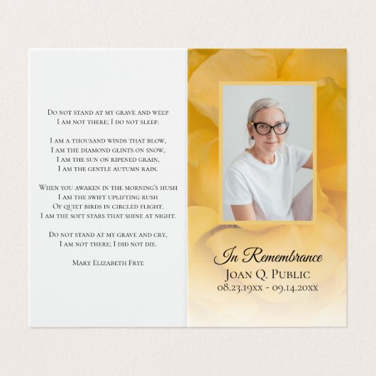 Geel Rose Bloem Begrafenis Gedicht / Gebed Visitekaartje (Buitenkant ongevouwen)