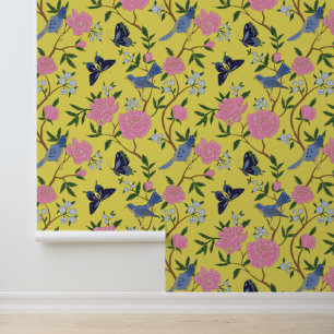 Geel Roze & Blauw Chinoiserie Cloisonne Vogels Behang