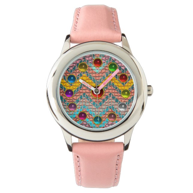 GEEL ROZE BLAUWGROEN BLAUWE CHEVRONS KLEURRIJKE ED HORLOGE (Voorkant)