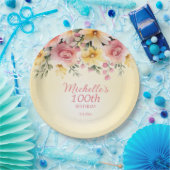 Geel Roze Bloemen 100ste Verjaardagsfeest Papieren Bordje (Feest)