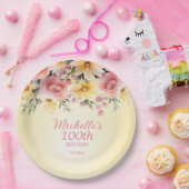 Geel Roze Bloemen 100ste Verjaardagsfeest Papieren Bordje (Feest)
