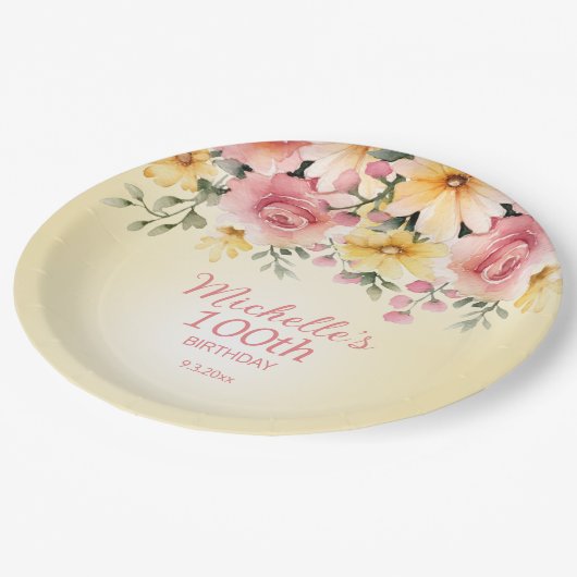 Geel Roze Bloemen 100ste Verjaardagsfeest Papieren Bordje (Gekanteld)