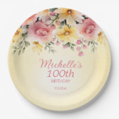 Geel Roze Bloemen 100ste Verjaardagsfeest Papieren Bordje (Voorkant)