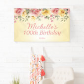 Geel Roze Bloemen 100ste Verjaardagsfeest Spandoek (Insitu)
