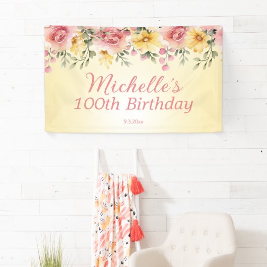 Geel Roze Bloemen 100ste Verjaardagsfeest Spandoek (Insitu)