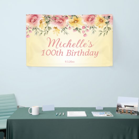 Geel Roze Bloemen 100ste Verjaardagsfeest Spandoek (Beurs)