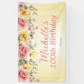 Geel Roze Bloemen 100ste Verjaardagsfeest Spandoek (Verticaal)