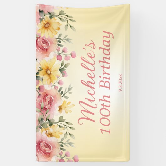 Geel Roze Bloemen 100ste Verjaardagsfeest Spandoek (Verticaal)
