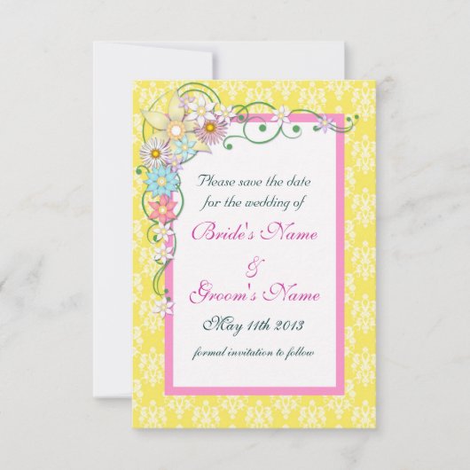 Geel Roze Bloemen Lente Huwelijk Save the Date (Voorkant)