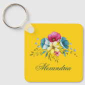 Geel Roze Bloemen Pastel Waterverf Flower Custom Sleutelhanger (Voorkant)