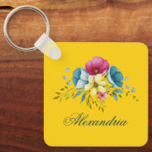 Geel Roze Bloemen Pastel Waterverf Flower Custom Sleutelhanger (Voorkant)
