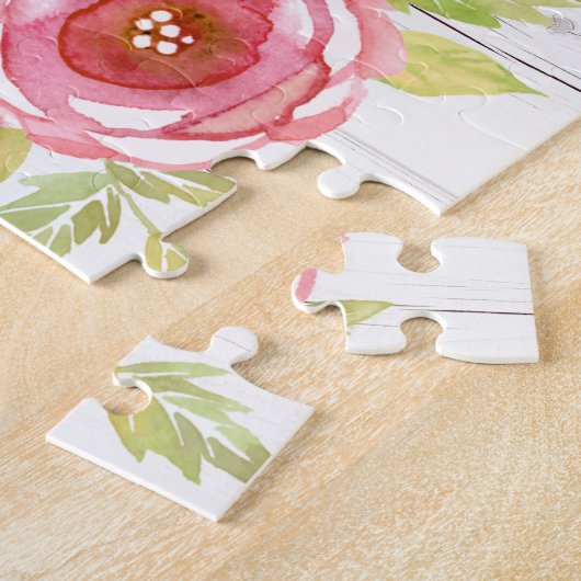 Geel roze bloemen waterverf rustiek wit hout legpuzzel (Zijkant)