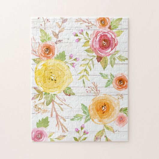 Geel roze bloemen waterverf rustiek wit hout legpuzzel (Verticaal)
