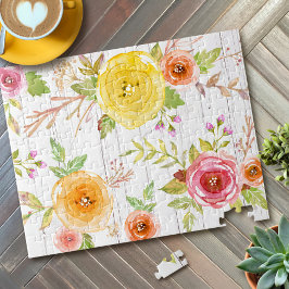 Geel roze bloemen waterverf rustiek wit hout legpuzzel