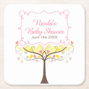 Geel Roze Bloemige Vogel Baby Shower Kartonnen Onderzetters