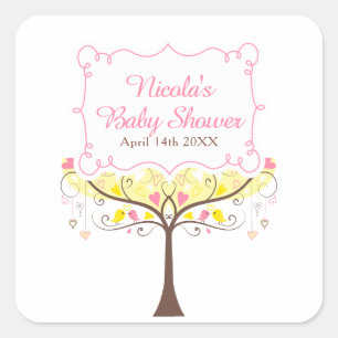 Geel Roze Bloemige Vogel Baby Shower Vierkante Sticker