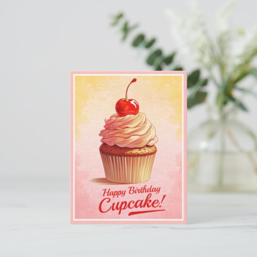  Geel Roze Cherry Cupcake Verjaardag Kaart (Staand voorkant)