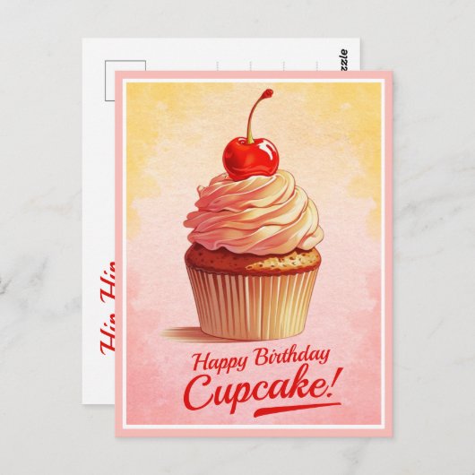 Geel Roze Cherry Cupcake Verjaardag Kaart (Voorkant / Achterkant)