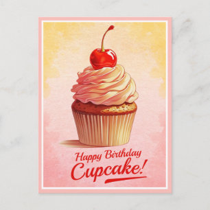  Geel Roze Cherry Cupcake Verjaardag Kaart