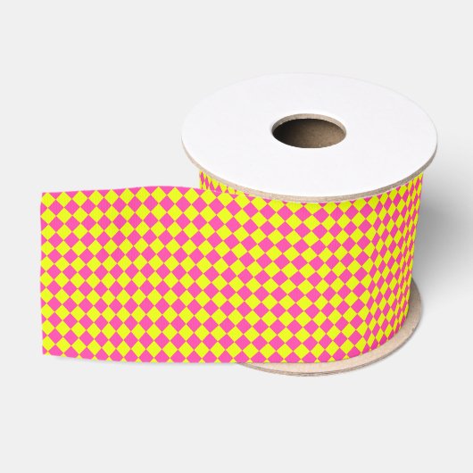 Geel Roze Diamant Schachbrett Motief Grosgrain Lint (Spoel)
