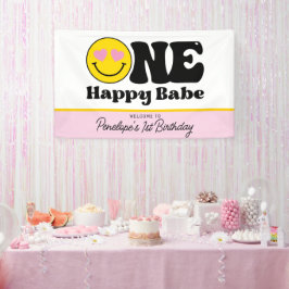 Geel Roze Eén Gelukkig Baby Eerste Verjaardagsbann Spandoek
