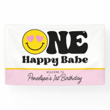 Geel Roze Eén Gelukkig Baby Eerste Verjaardagsbann
