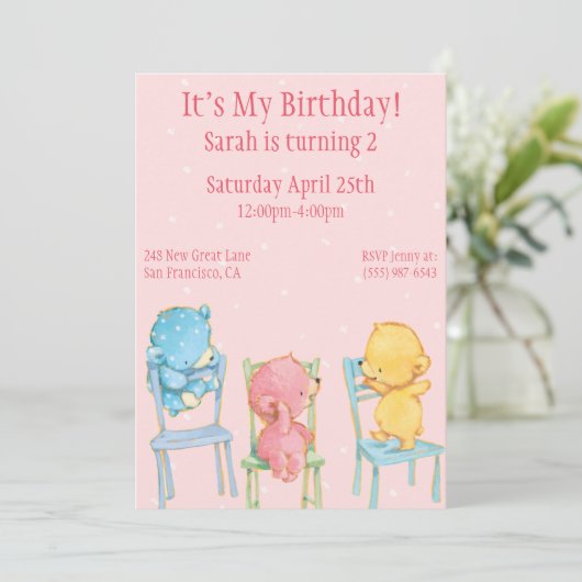 Geel, Roze en Blauwe Beren van Birthday Kaart (Staand voorkant)