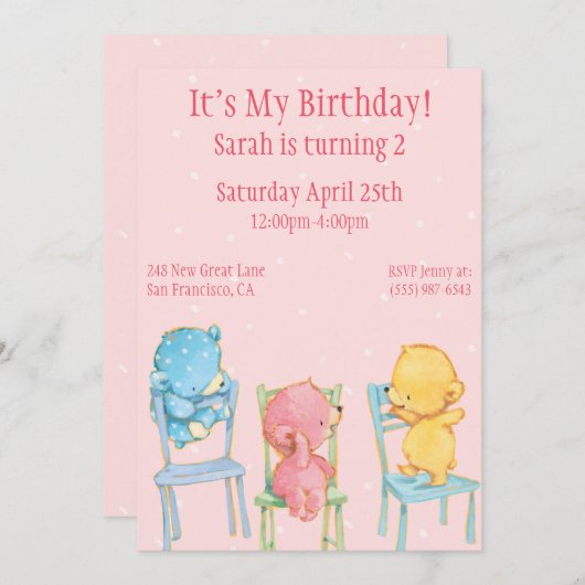 Geel, Roze en Blauwe Beren van Birthday Kaart (Voorkant / Achterkant)