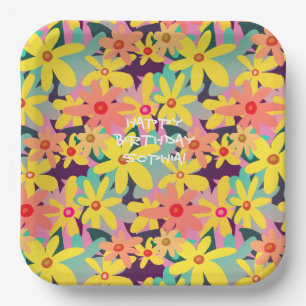 Geel, roze en oranje bloemen papieren bordje