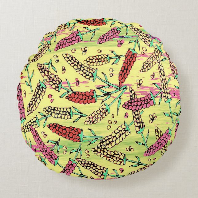 geel, roze en rood patroon rond kussen (Voorkant)