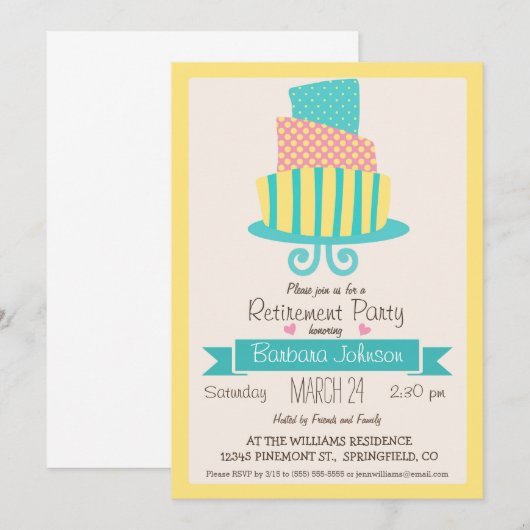 Geel, roze en turquoise taart pensioen partij kaart (Voorkant / Achterkant)