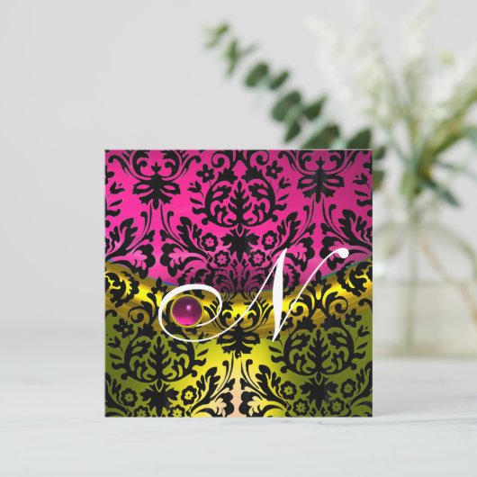 GEEL ROZE FUCHSIA ZWART DAMAST MONOGRAM TOPAZE KAART (Staand voorkant)
