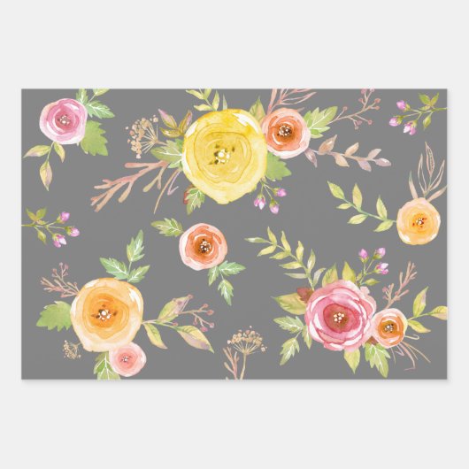 Geel roze grijs bloemen waterverf rustiek elegant inpakpapier vel (Voorkant 3)