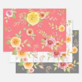 Geel roze grijs bloemen waterverf rustiek elegant inpakpapier vel
