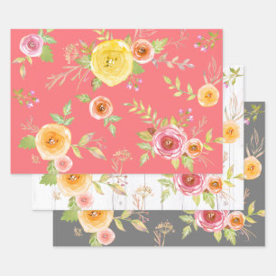 Geel roze grijs bloemen waterverf rustiek elegant inpakpapier vel