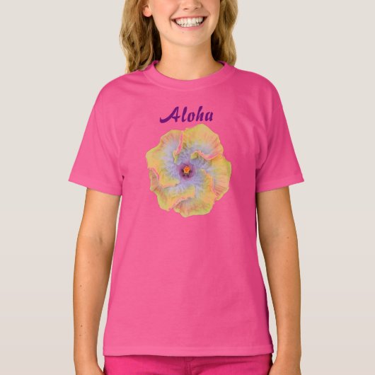 Geel Roze Lila Hibiscus Hawaiian Aloha T-shirt (Voorkant)