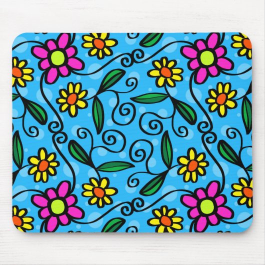 Geel roze madeliefjes, bloemen met blauwe achtergr muismat (Voorkant)