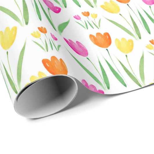 Geel, Roze, Oranje Waterverf Tulpenpatroon Cadeaupapier (Rol Hoek)