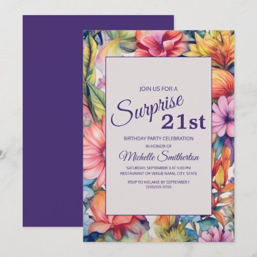 Geel Roze Paarse Waterverf Bloemen 21e Verjaardag Kaart (Voorkant / Achterkant)