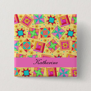 Geel Roze Patchwork Quilt Blocks Name Badge Vierkante Button 5,1 Cm