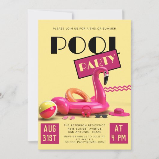Geel Roze Retro Pool Party Kaart (Voorkant)