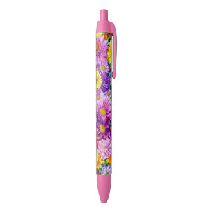 Geel Roze Rood Blauw Groene Tuin Bloemen Patroon Blauwe Inkt Pen