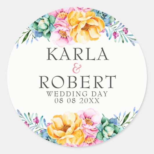 Geel & Roze Rozen Bloemen Bruiloft Boeket Ronde Sticker (Voorkant)